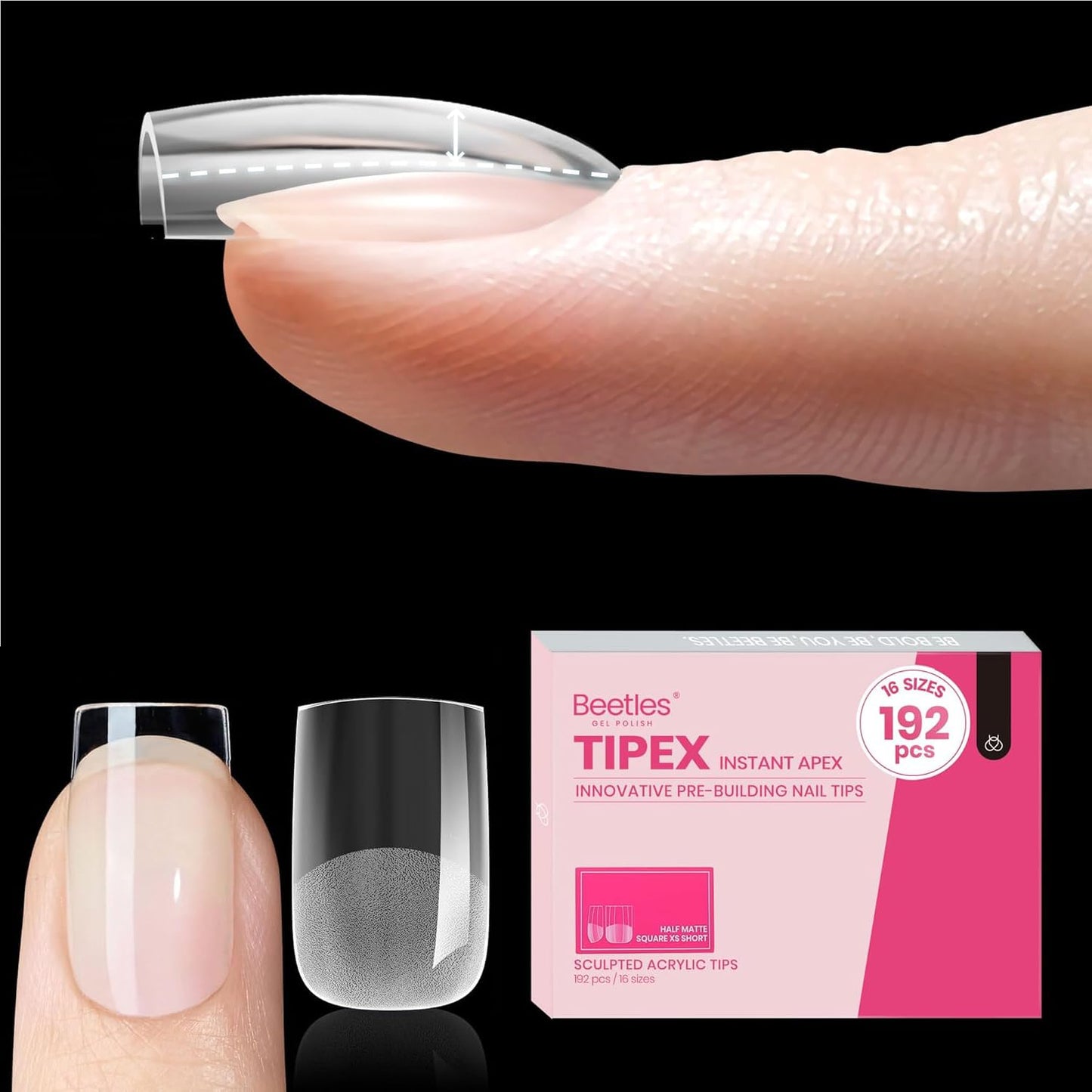 Beetles Instant Apex Nail Tips - Long Square Acrylic Tips, 192pcs, 16 Sizes 00–14 | No Builder Gel Needed