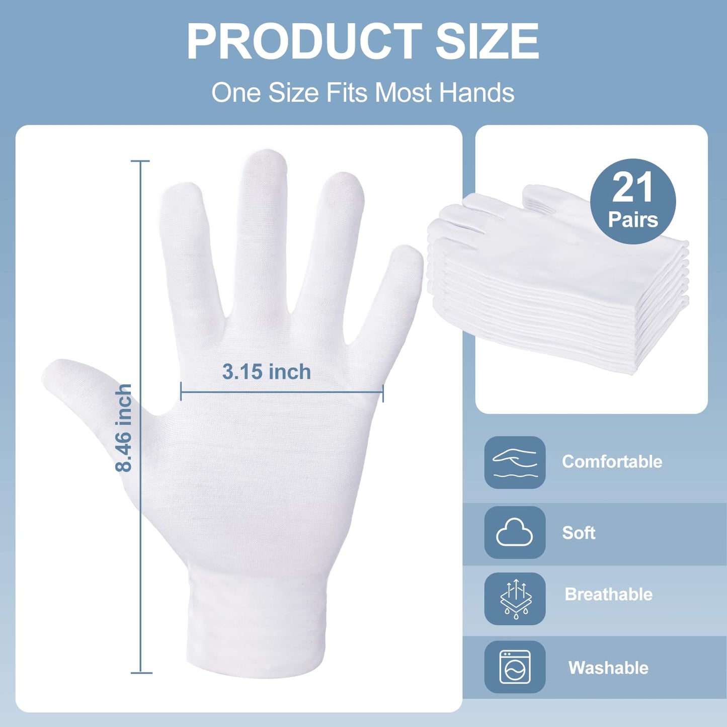 42-Pack White Cotton Gloves, for Dry Hands Sleeping Eczema Care and Night-Time Moisturizing, Unisex Soft Sleep Elastic SPA Glove Set, Jewellery Inspection, Arts Crafts, Wedding, Halloween Costumes