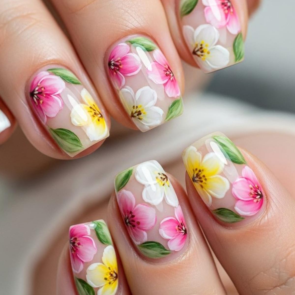 Summer Press-On Nails - Short Square Fake Nails with Sunset Coconut Trees Design | 24 Pcs Glossy Blue French Tips, Reusable Manicure