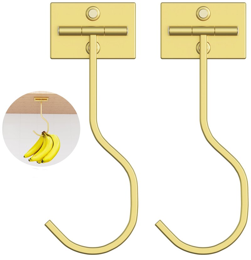bussdis Adhesive Banana Hook Under Cabinet: 2-Pack Foldable Metal Banana Hanger, Space-Saving Under Counter Banana Holder for Kitchen & RV, Gold