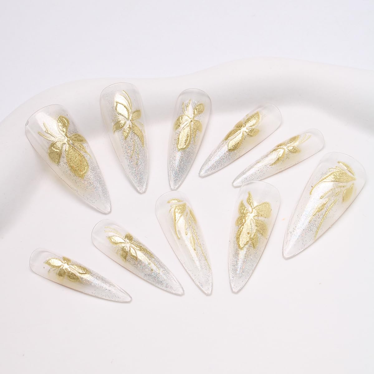 Gold Press-On Nails - 24Pcs Almond Glitter Nude Acrylic Set | Reusable Full Cover for Weddings & Daily Use