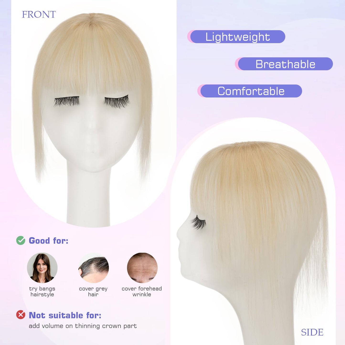 Hairro Clip In Bangs Real Human Hair Wispy Thin Fake Bangs Hair Clip 3D Cover French Curtain Bangs Platinum Blonde 8 Inches 10g #60
