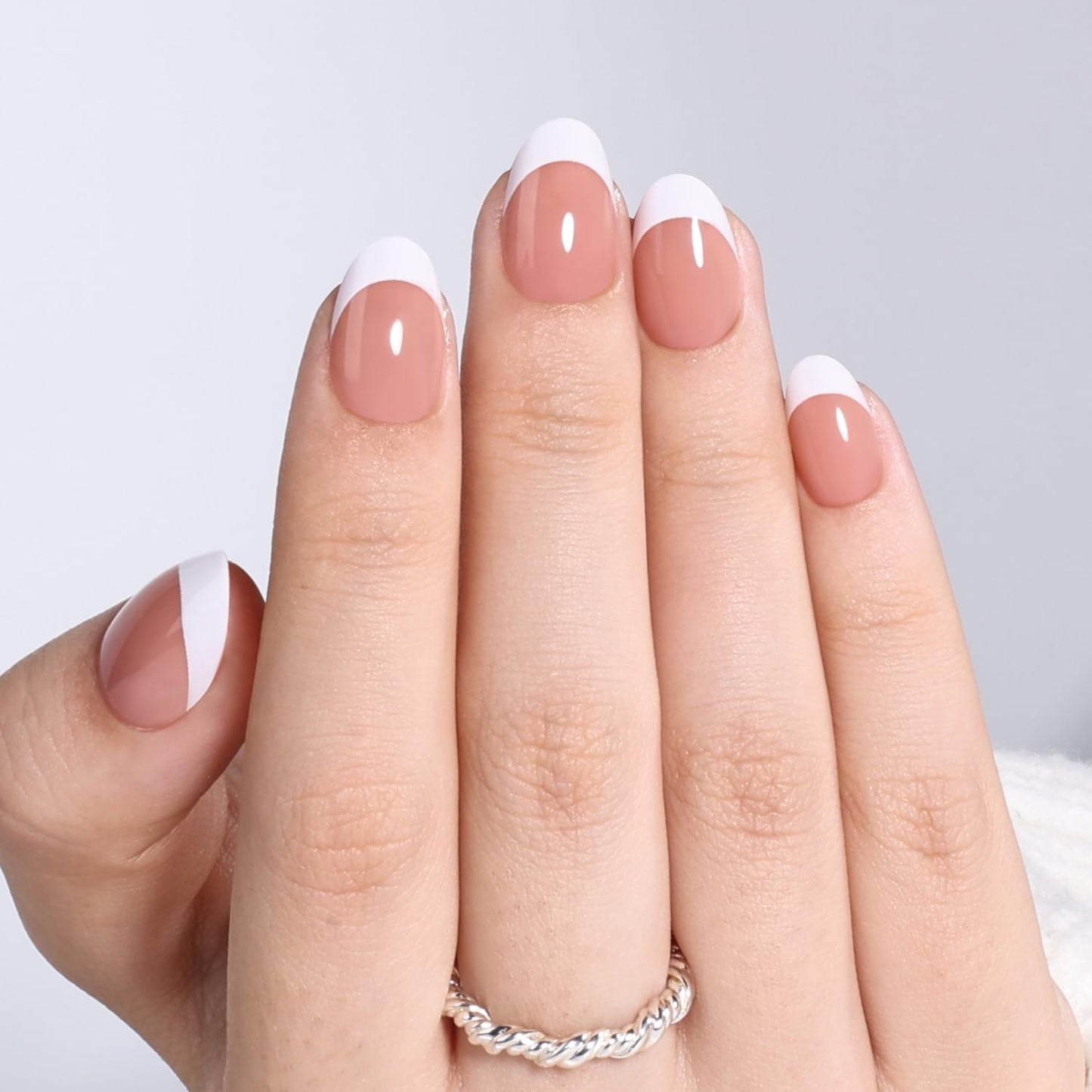 French Tip Press On Nails - Glossy Pink Almond Reusable Fake Nails | 32 Pieces in 16 Sizes with Glue