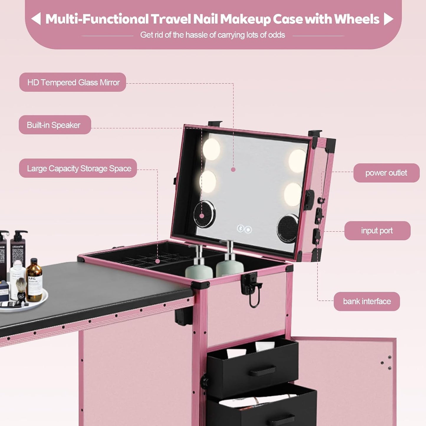 Portable Rolling Manicure Table - Foldable Nail Desk with Storage & Adjustable Light | Pink, 3 Drawers