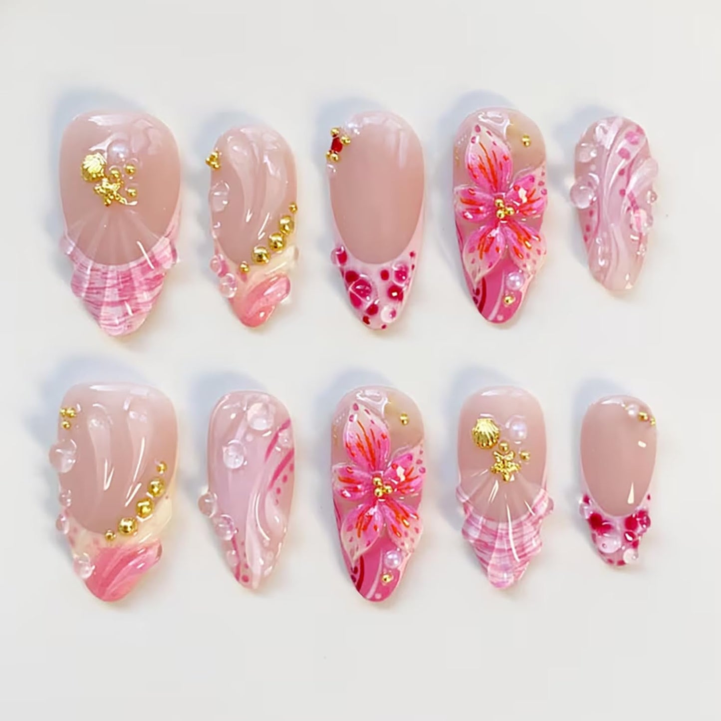 30Pcs Summer Press-On Nails - Medium Almond Pink Floral Acrylic with Pearl Designs | Full Cover Butterfly Stick-On Nails