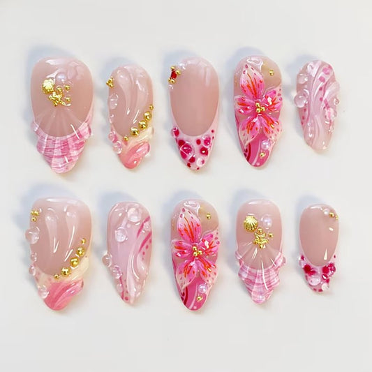 30Pcs Summer Beach Press-On Nails - Medium Almond Acrylic with Gold Seashell & Starfish 3D Designs | Full Cover for Women