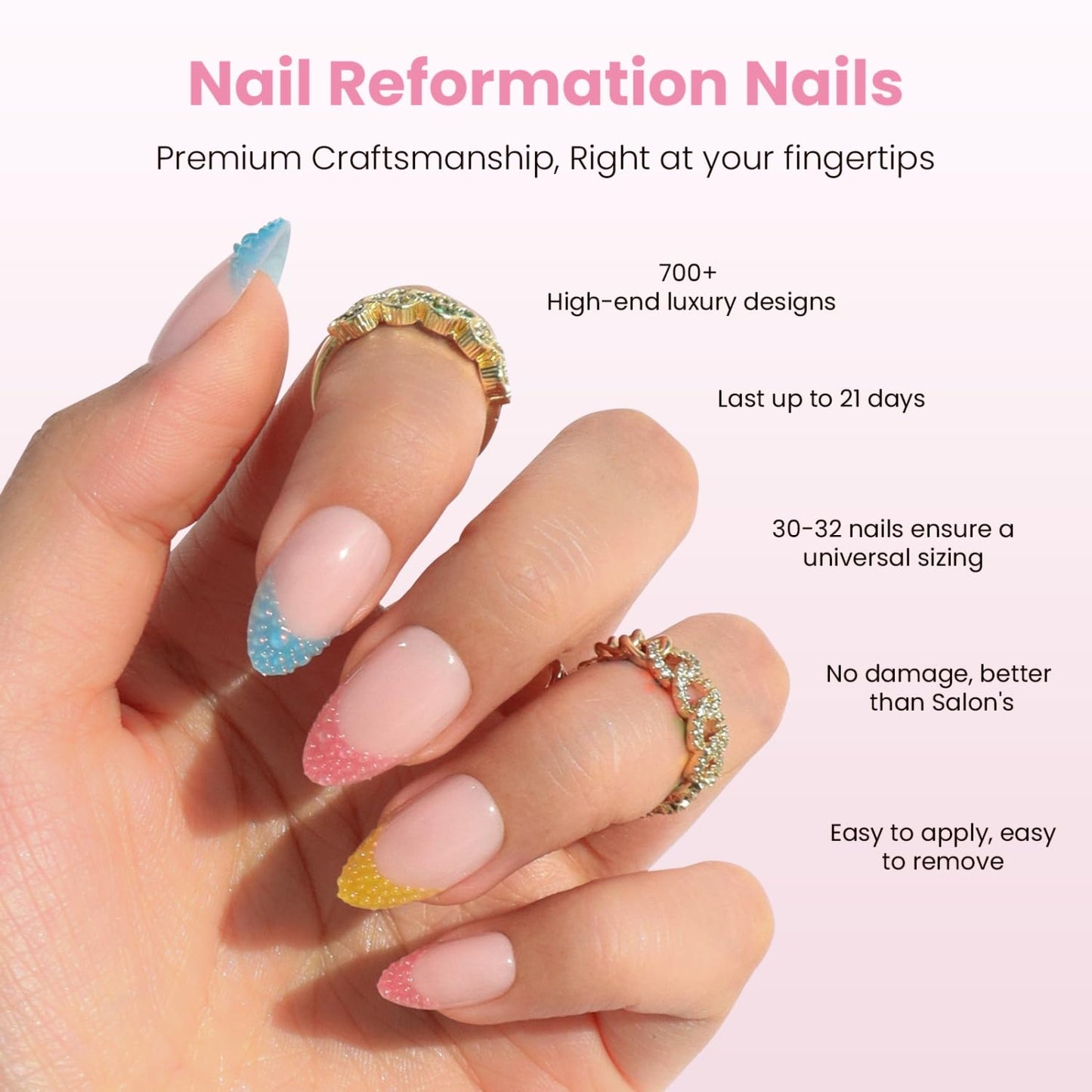 Nail Reformation Press On Nails, Non-Pareil | Nude Short Almond Fake Nails with Pastel 3D Caviar French Tip, Sprinkle Look Reusable Stick On Nails Kit - 32 Pcs in 16 Sizes, Manicure Gifts for Women