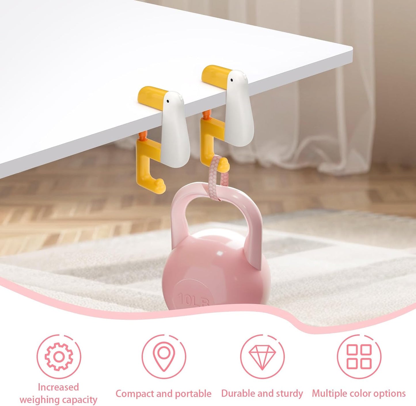 Cute Duck Shaped Purse Hook - Foldable Compact Table Holder | Adjustable Arm Clamp, Non-Slip Design, White, 2 Pieces