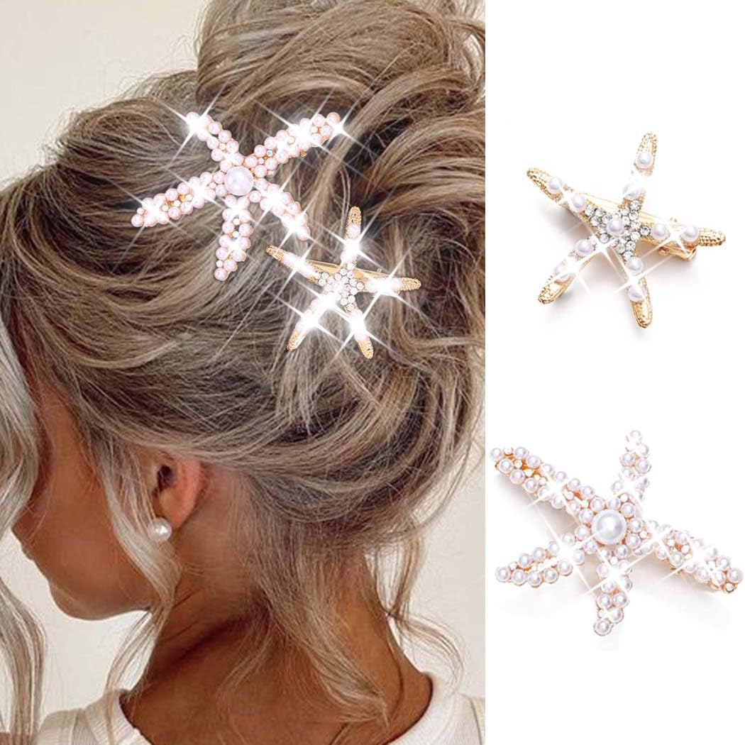 Starfish Hair Clips - Pearl Crystal Rhinestone Barrettes | Non-Slip Ponytail Holders for Weddings & Beach Parties - 2PCS