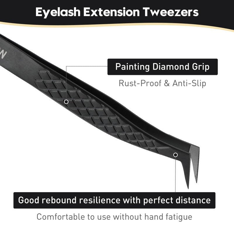 Ms.Queen Fiber Tip Lash Tweezers, Precise Diamond Grip L-Shape Boot Volume Eyelash Extension Tweezers,Black