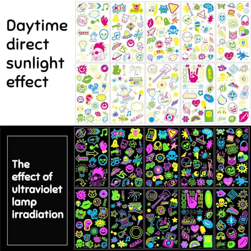 Glow in the Dark Temporary Tattoos - 10 Sheets UV Reactive Neon Designs