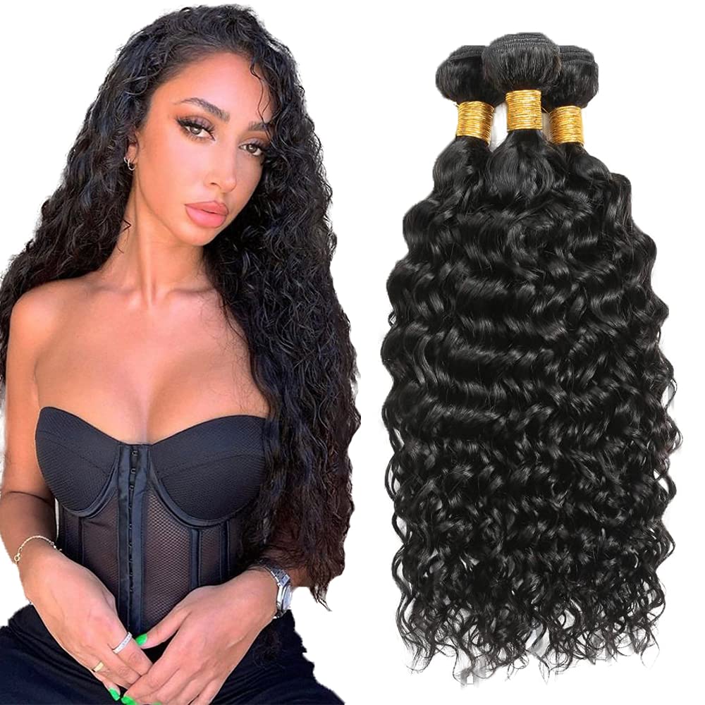 Human Hair Bundles #1B Natural Color Water Wave Bundles 20 20 20 Inch Unprocessed Brazilian Virgin Hair 3 Bundle 50 Gram Per Bundle Deals Quick Weave Hair Extensions
