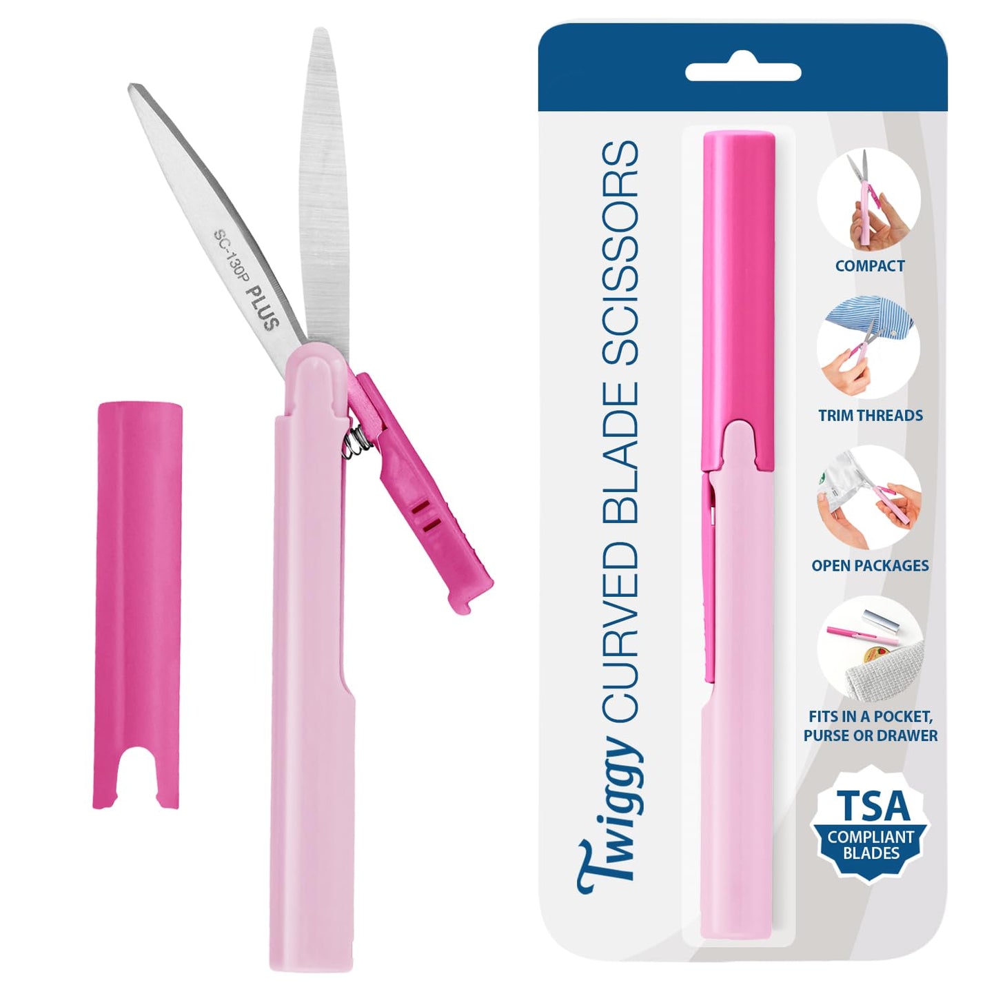 Plus Pen Style Non-Stick Compact TSA Twiggy Scissors with Cover, Pink