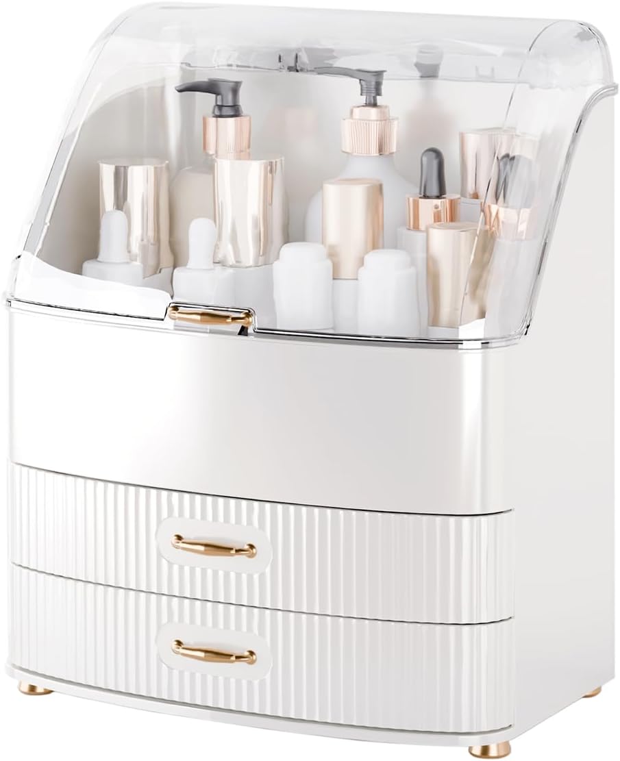 Makeup Organizer - Waterproof & Dustproof Vanity Storage with Transparent Lid | White Countertop Design for Cosmetics & Skincare