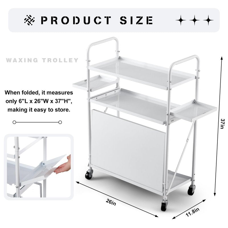 DaisyInner Foldable Waxing Cart Trolley with Wheels 3 Tier Rolling Esthetician Wax Cart with Dirt Bucket and Pull out Tray, 12"L x 26"W x 37"H, Wax Tool Storage Station for Beauty Salon Spa Massage