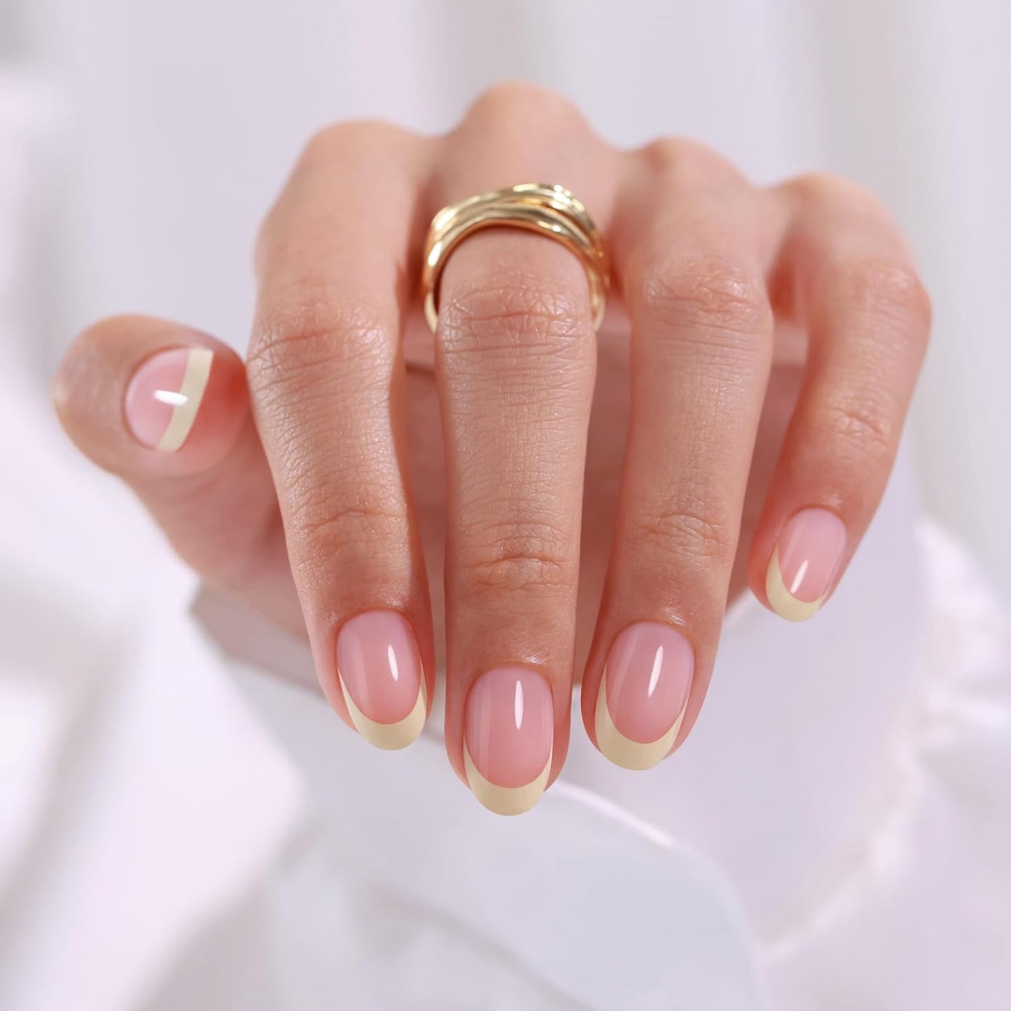Chrome Press On Nails - Oval Soft Gel Nude Short for Women | 32 Reusable Glossy Glue-On Nails in 16 Sizes