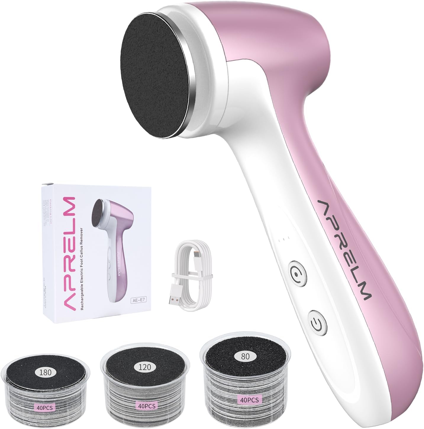 Rechargeable Electric Foot Callus Remover - 3-Speed Control, 120 Sandpaper Discs | Professional Foot File (E7 Pink)