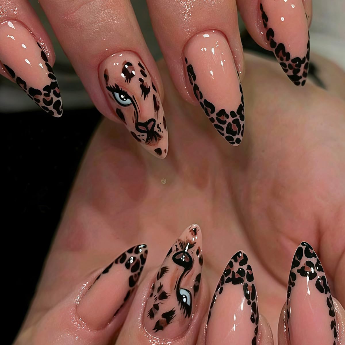 Press On Nails - Glossy Marble Medium Almond with 3D Flower & Gold Star Charms | 30 Pcs, Reusable for Ocean Beach Manicure