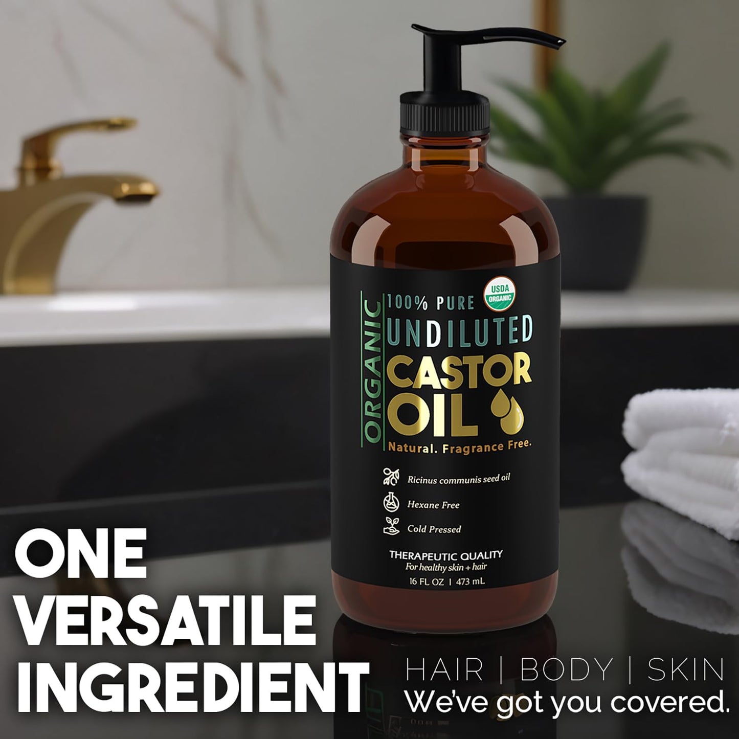 Organic Castor Oil for Skin Hydration - 100% Pure, Cold Pressed, Hexane Free | 16 oz Glass Bottle for Hair & Eyelashes Growth