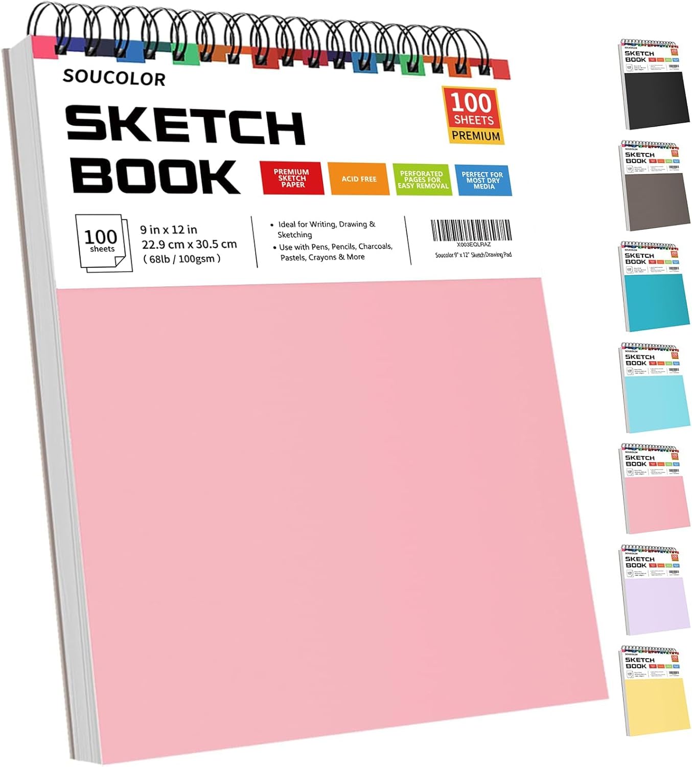 Soucolor Sketch Book - 9" x 12" Top Spiral Bound, 100 Sheets Acid-Free Drawing Paper | Ideal for Kids, Adults & Artists