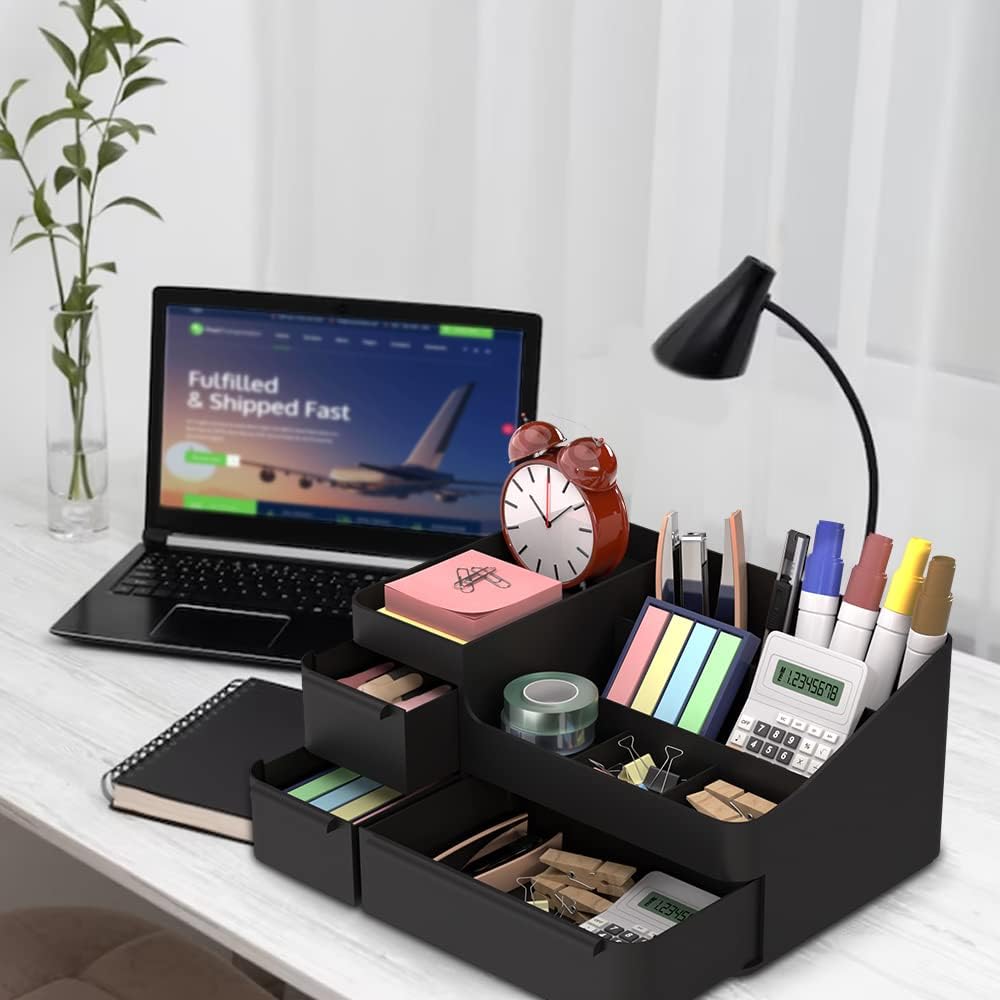 Makeup Organizer - Stackable Vanity Storage Box for Cosmetics & Jewelry | Black Drawer Tray