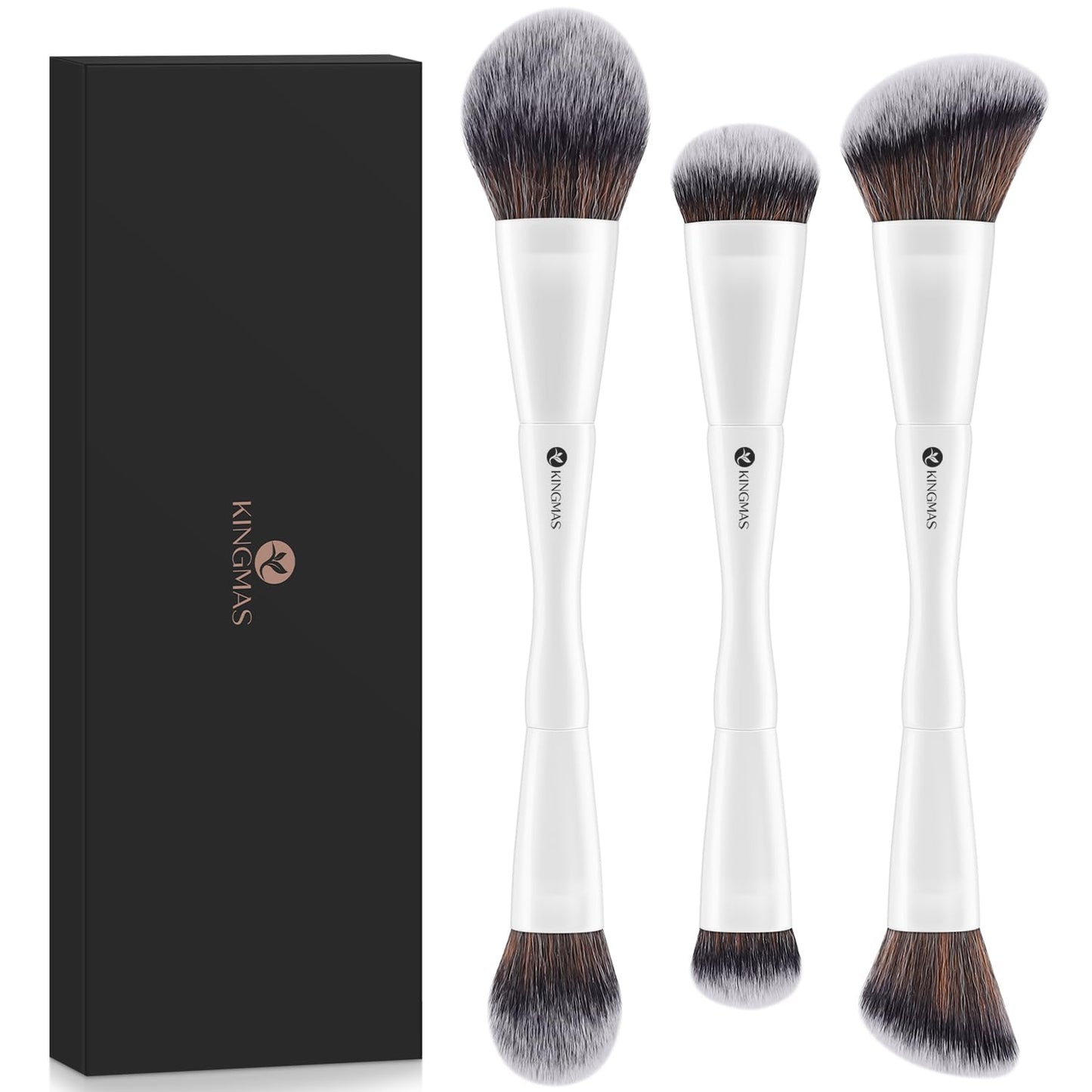 3-Piece Foundation Makeup Brush Set - Double-Ended Kabuki & Contour Brushes for Liquid, Cream, Powder | Versatile Face Makeup Tools