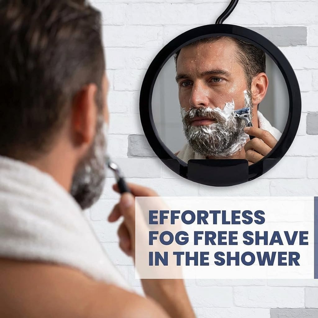 Dual Anti-Fog Shower Mirror for Shaving - Fogless Shatterproof Surface | 8" Diameter, Black