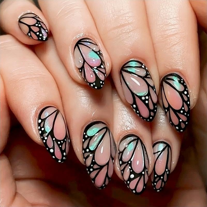 Gleamrain 24Pcs Medium Length Black Almond Press On Nails with 3D Butterfly Design