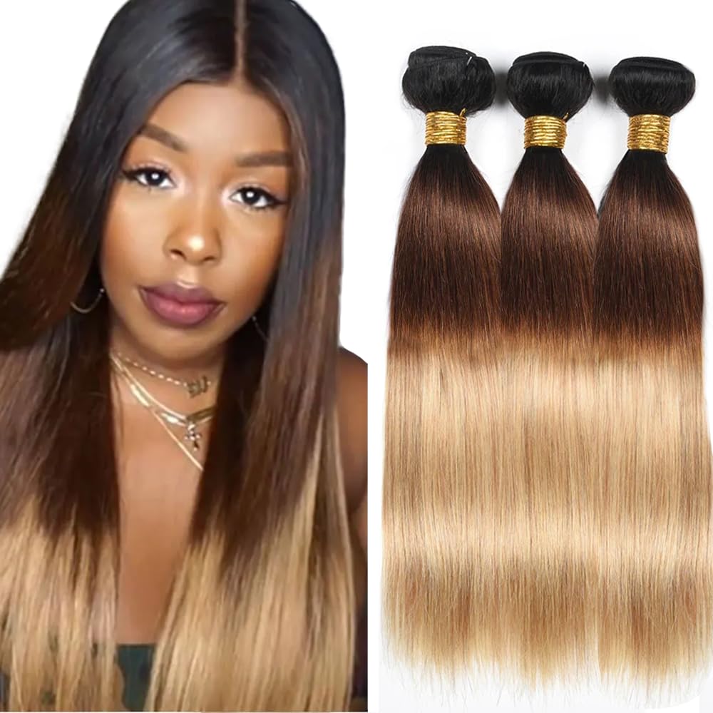 18 20 22 Inch T1B4/27 Ombre Blonde Bundles Human Hair Straight 3 Bundles 100 Grams/Bundle 10A Grade Unprocessed Brazilian Virgin Hairs Ombre Bundles Weaves Hair Extensions For Women