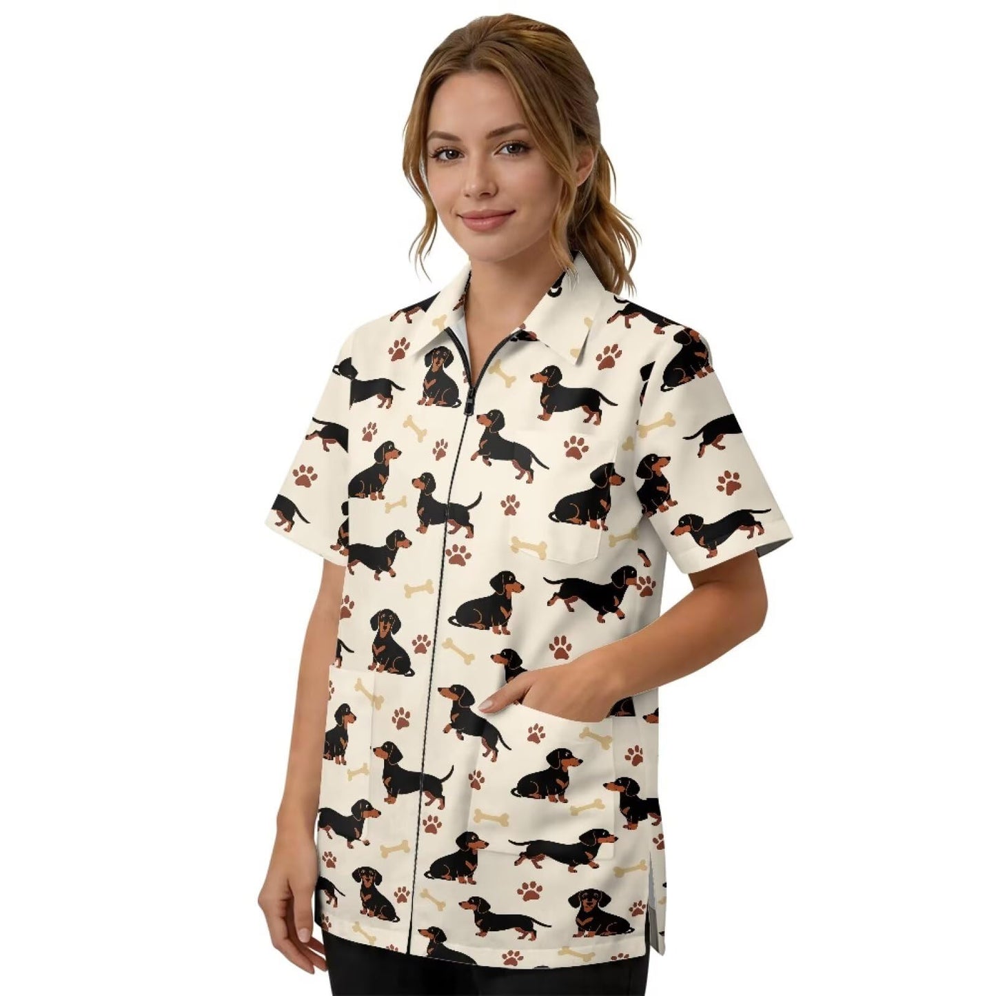 Srengjodk Waterproof Hair Cutting Capes For Adults Stretchy Grooming Smock Splash-Resistant Cobbler Apron 3 Pockets Breathable Chef Waiter Work Shirt Dachshunds Print L 2XL