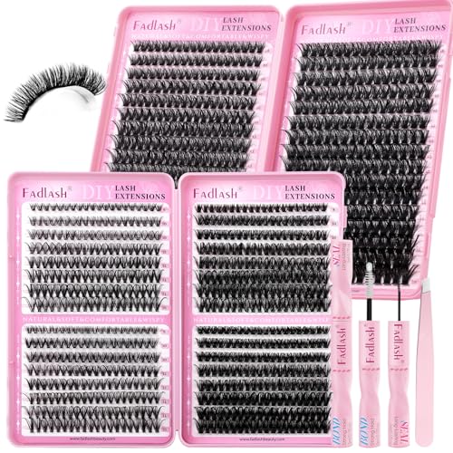 FADLASH 1184Pcs Lash Cluster Kit with Bond, Seal, and Tweezer - D Curl