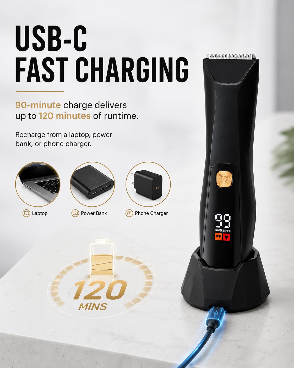 QUUQ Trimmer for Men - Body Hair Trimmer for Men -SkinSafe- Manscape - Ball Trimmer Men with Display & Light - IPX 7 Rated Waterproof Groomer kit for Groin Rechargeable with Ceramic Blades with 5 Kit