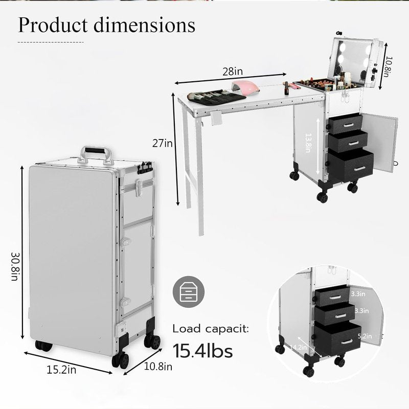 Portable Nail Desk - LED Mirror, Foldable Manicure Table with 3 Drawers | Mobile Nail Tech Workstation (White)