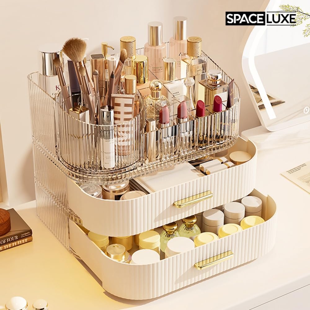 Makeup Organizer - 360° Rotating Brush Holder & Large Capacity Storage | Cream White, 3-Layer Design for Vanity & Accessories