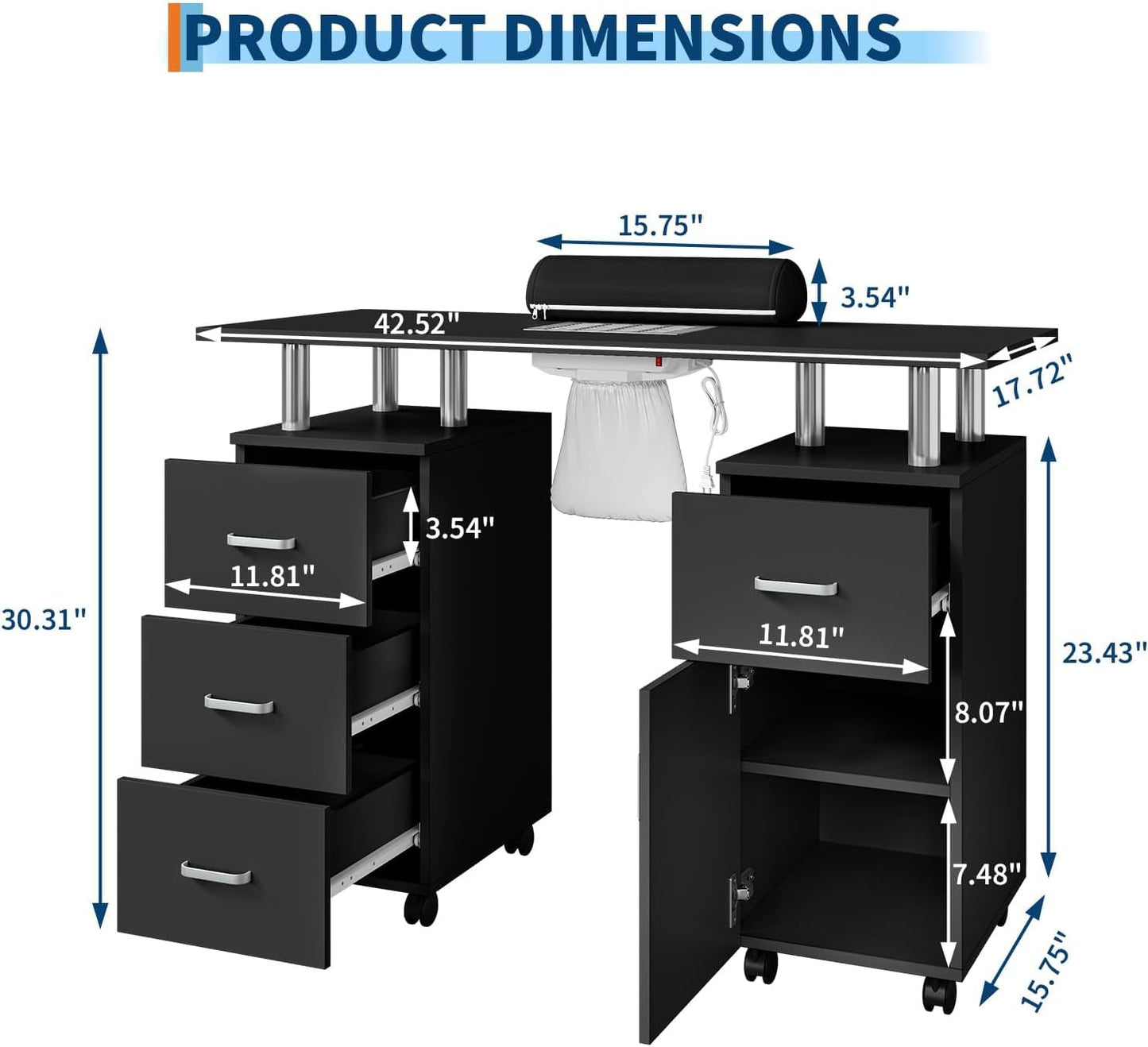 MilleLoom Manicure Table with Storage Cabinets and Drawers, Nail Desk for Nail Tech with Lockable Wheels, Dust Collector Acetone Resistant, Arm Rest for Makeup Spa Beauty Salon Station