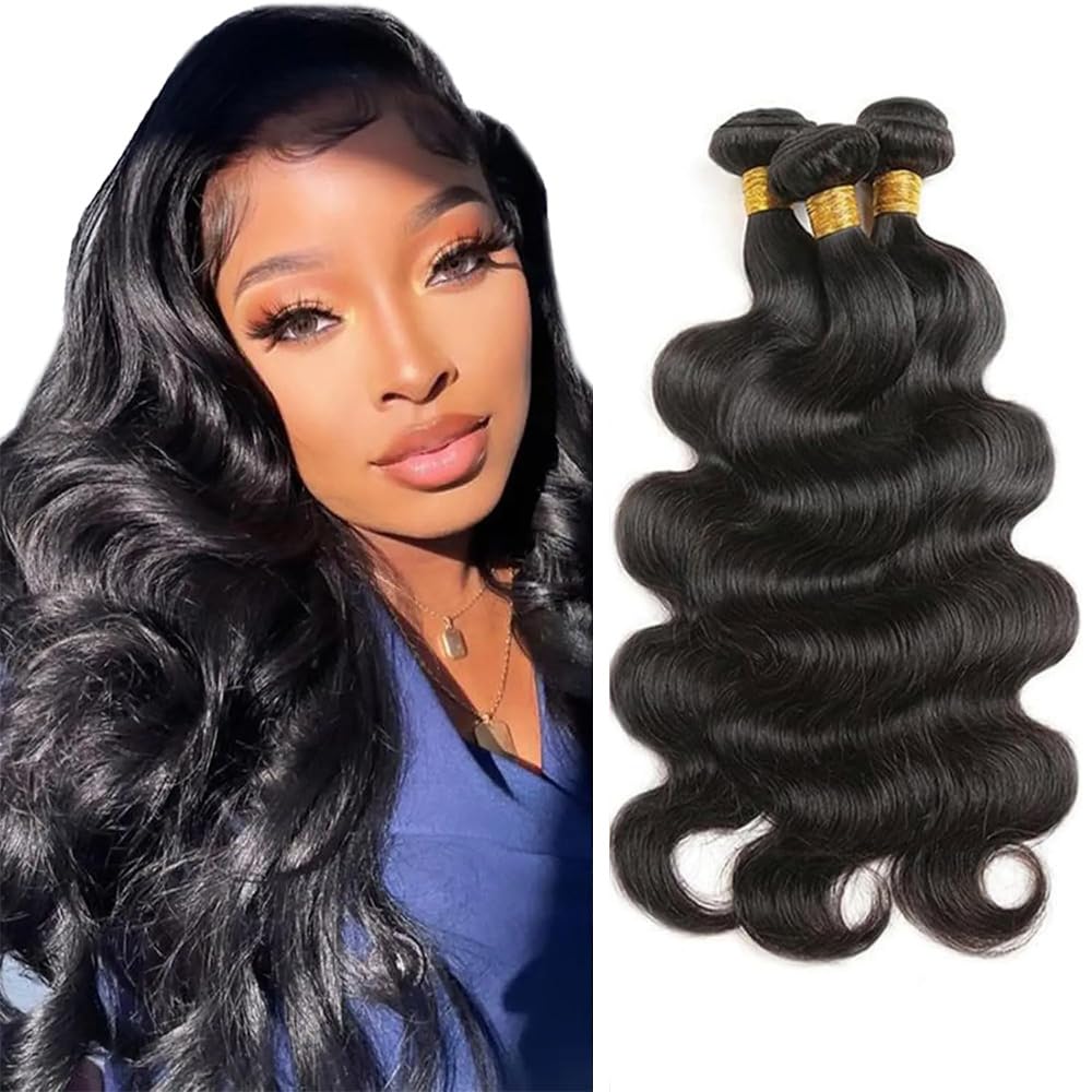 Body Wave Bundles Human Hair Natural Black Color 20 22 24 Inch 150g Brazilian Virgin Remy Hair 3 Bundles Color #1B Body Wave Human Hair Bundle Hair Extensions 150g