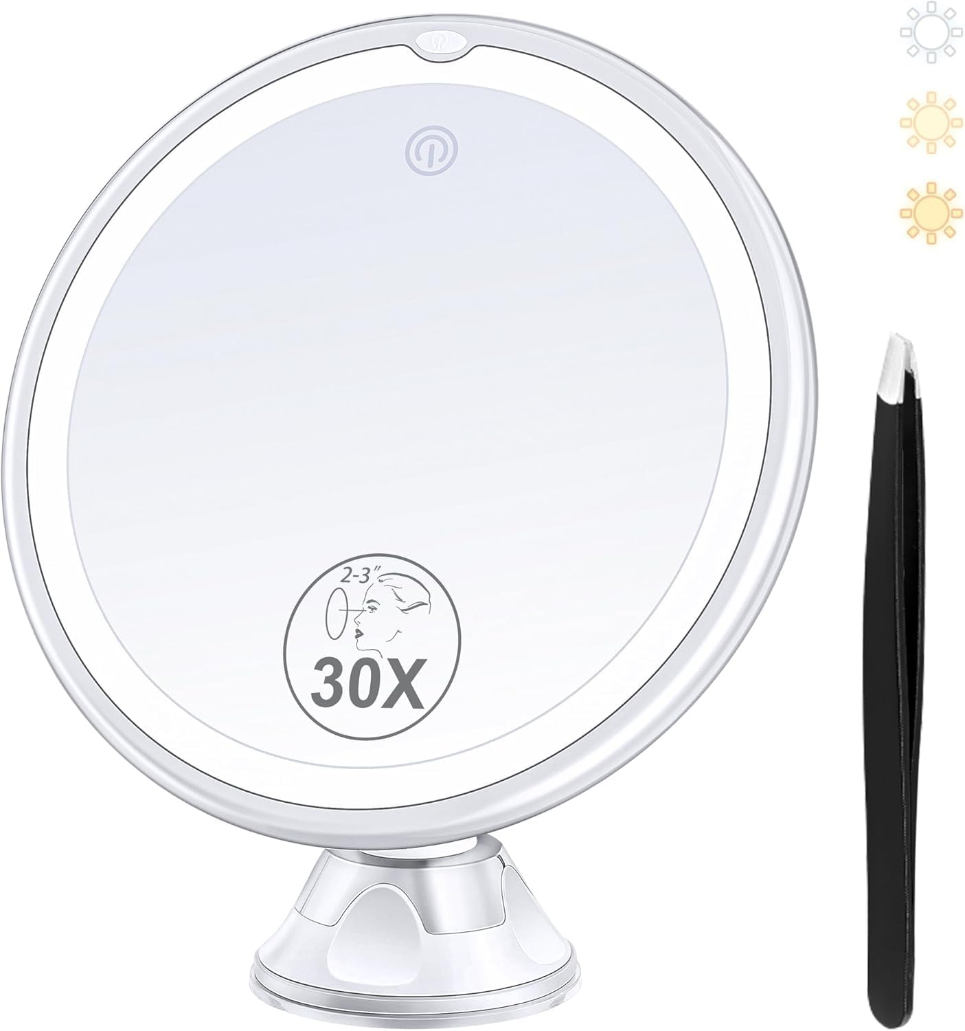 30X Magnifying Makeup Mirror with Light - 3 Color Modes, Adjustable Brightness | 8-Inch Suction Cup Design