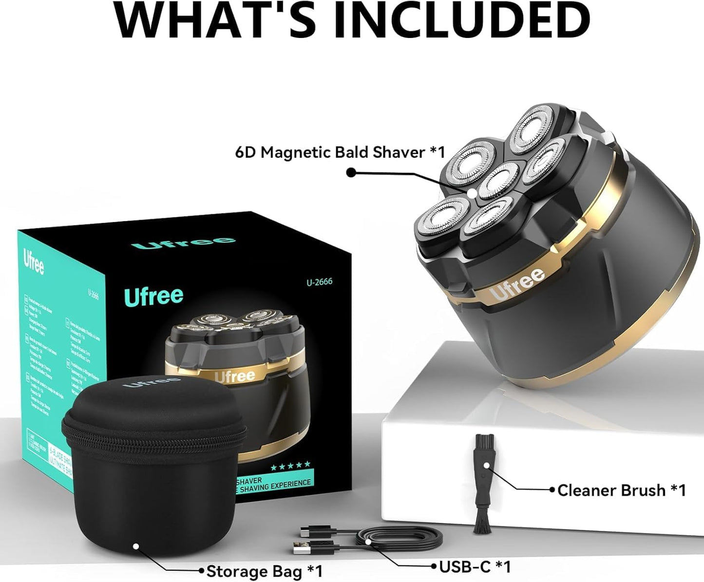 Ufree Head Shaver for Bald Men - Waterproof Electric Razor with Detachable Rotary Blade | Travel Pouch Included