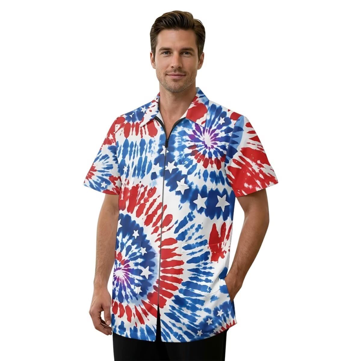 Hdjxbdhsv 4th of July Print Barber Shop Work Shirt,Tie-dye American flag Hairdresser Barber Shirts Hairstylist Shirt Gift Barbershop Scissors for Him Men Women