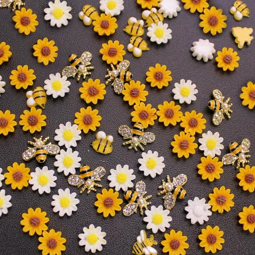 100Pcs 3D Bee Nail Charms & Daisy Flower Rhinestones