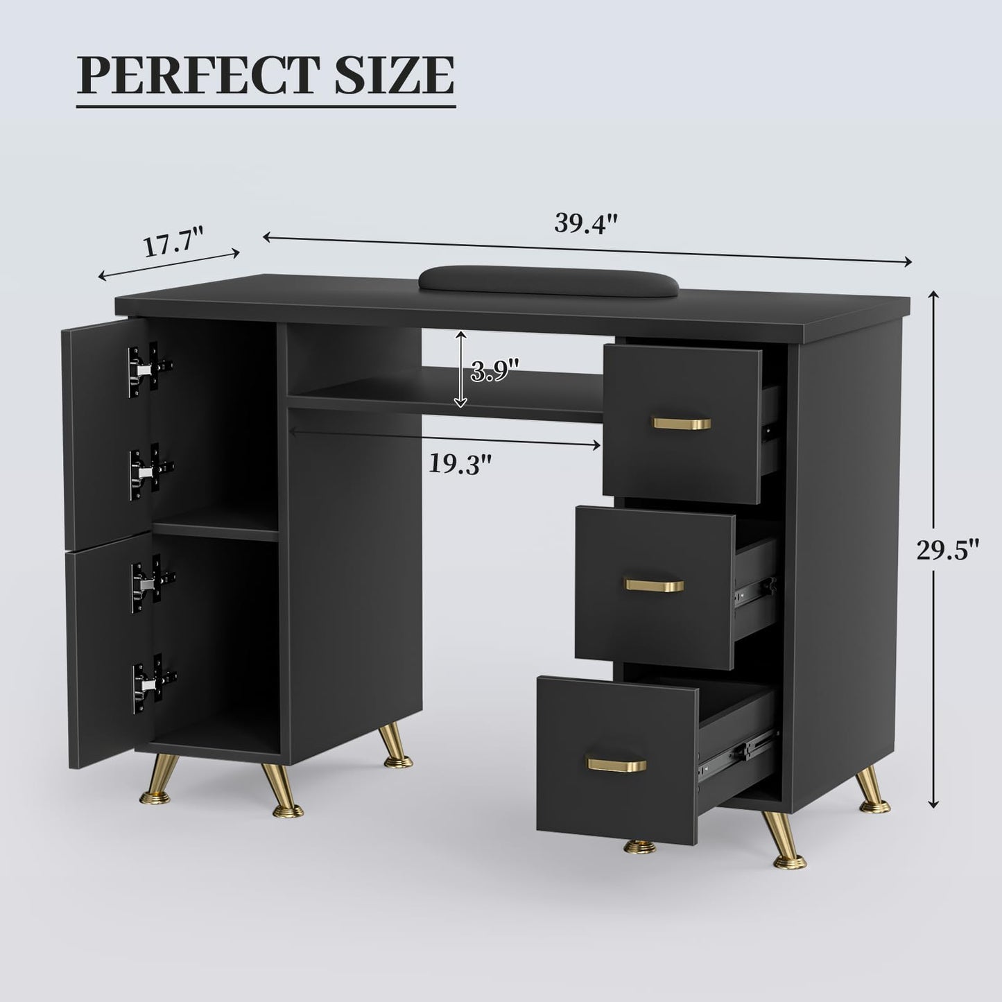 Charmmade Nail Tech Desk with Storage,Acetone-Resistant Manicure Table,Nail Table Beauty Salon Tech Station,3 Drawers,2 Cabinets,Wrist Cushion,Sturdy Metal Legs for Salon,Spa,Home (Black-Gold)