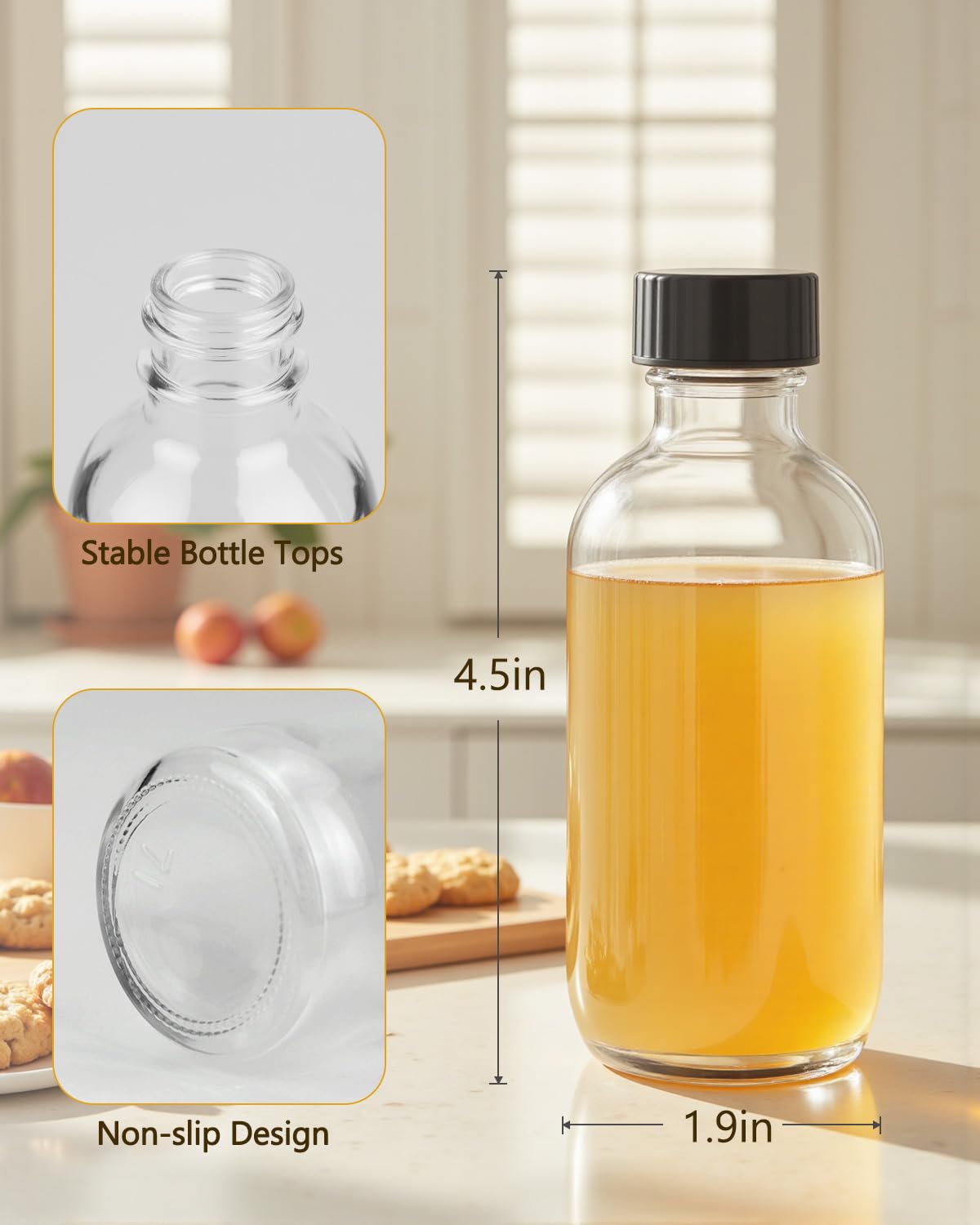 Rionisor 4OZ Small Glass Bottles with Lids and Funnels, 120ml Boston Round Glass Bottles, Leak Proof Mini Travel Bottle, Perfect for Diy Essential Oils, Hot Sauce and Juices, 6 Pack Clear