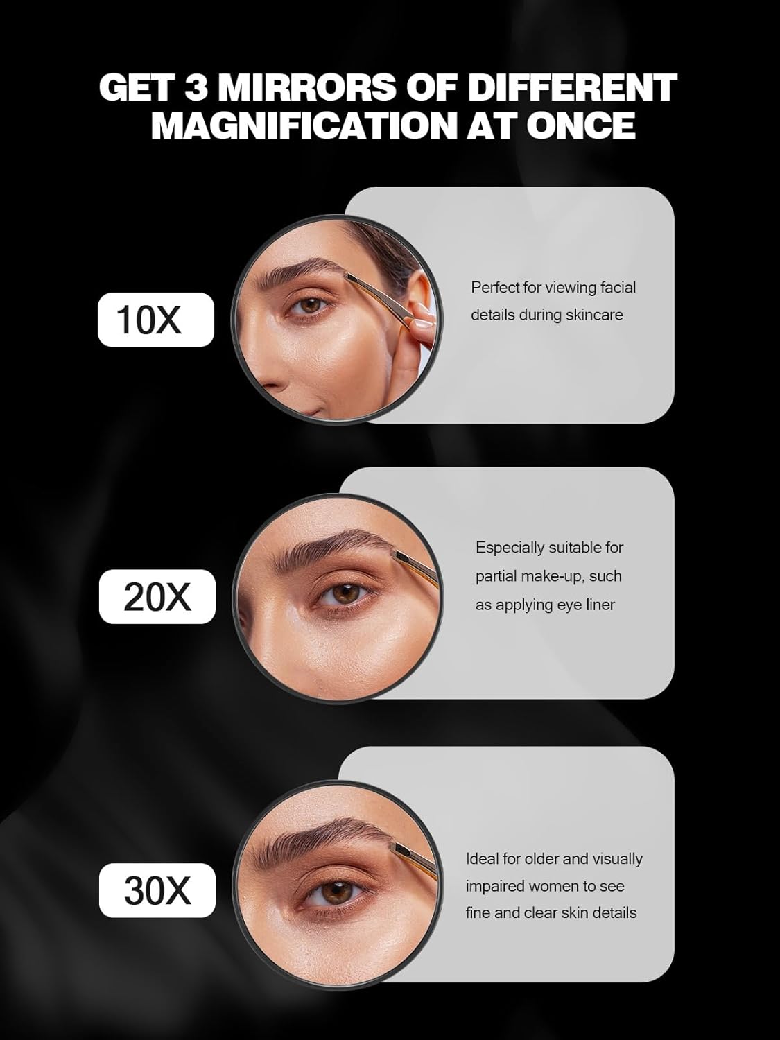 10X/20X/30X Magnifying Makeup Mirror - Suction Cups & Tweezers Set | 3.5 Inches, Black, 3PCS