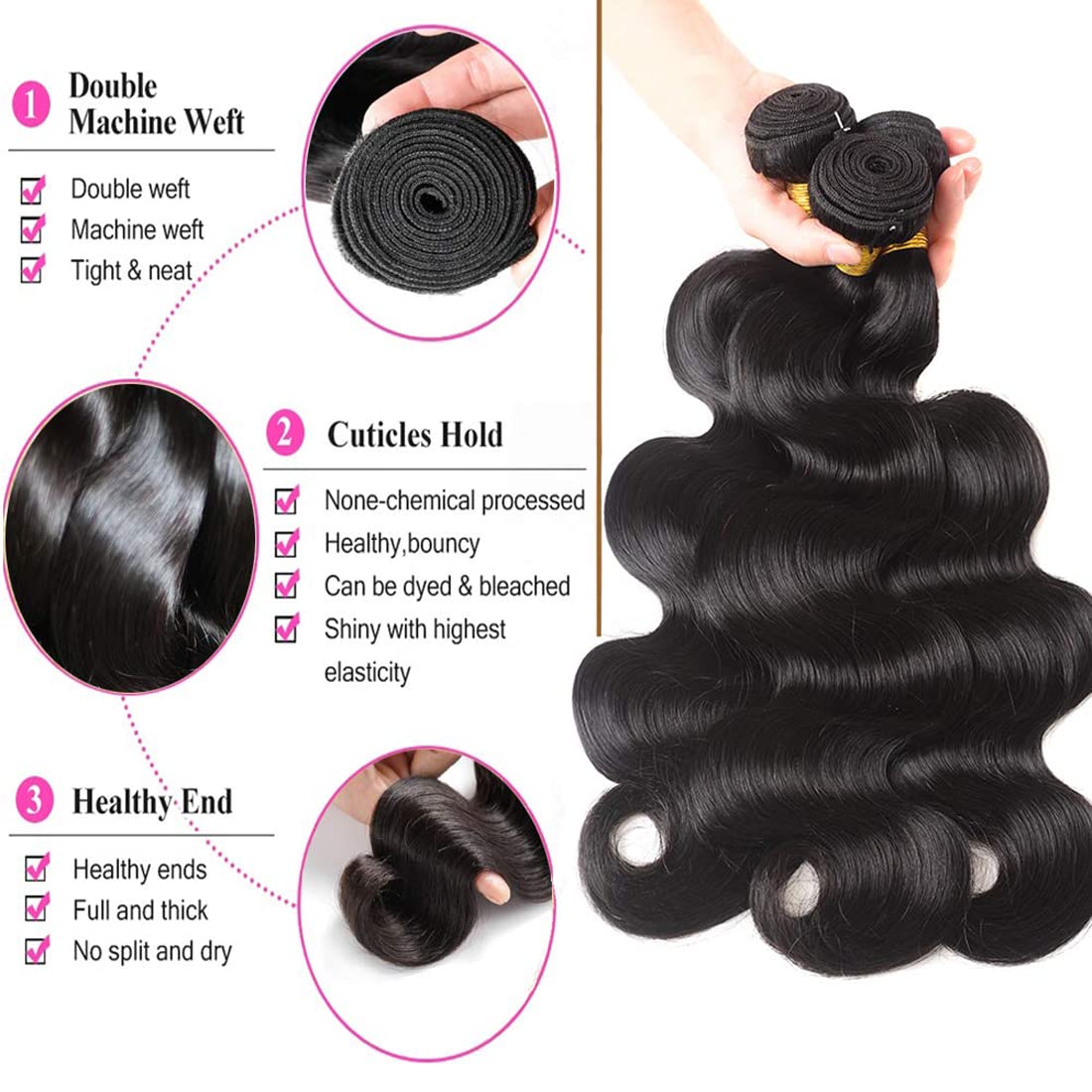 HeioWuio Body Wave Brazilian Remy 1 Bundles Hair Extensions For Women Weaves Double Weft Human Bundles 16 Inch