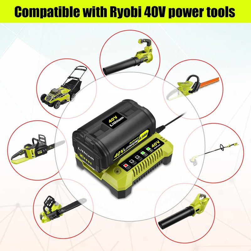 BatPower 6.5Ah 40V Battery & Charger Combo Compatible with Ryobi 40 Volt Lithium Cordless Outdoor Tools, High Output Replacement Battery Pack and Charger Set for 40V Mowers and Blowers (2-Piece Set)