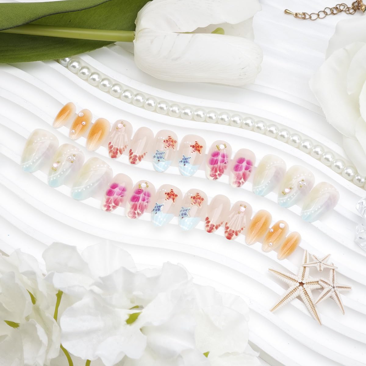 30Pcs Summer Beach Press on Nails Short Almond Fake Nails 3D Shell Starfish ＆Gold Gems Rhinestones Designs Full Cover French Tip Stick on Nails Ocean False Nails for Women Acrylic Manicure DIY