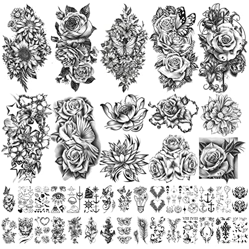 Yazhiji Black Waterproof Temporary Flower and Butterfly Tattoo Sheets for Women & Girls