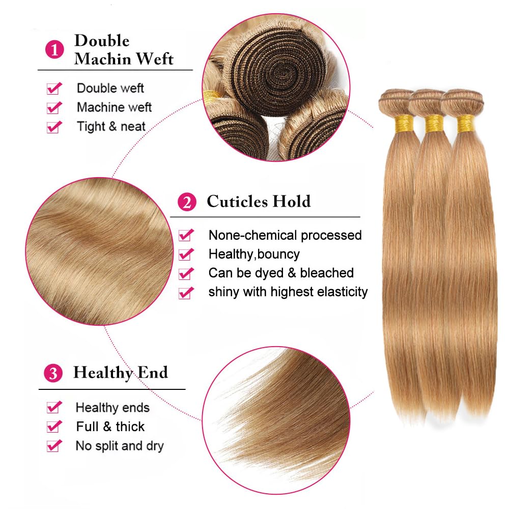22 22 22 Inch #27 Honey Blonde Bundles Human Hair Straight 3 Bundles Brazilian Remy Hair 50 Grams/Bundle 10A Grade Unprocessed Virgin Hairs Blonde Straight Bundle Weaves Extensions