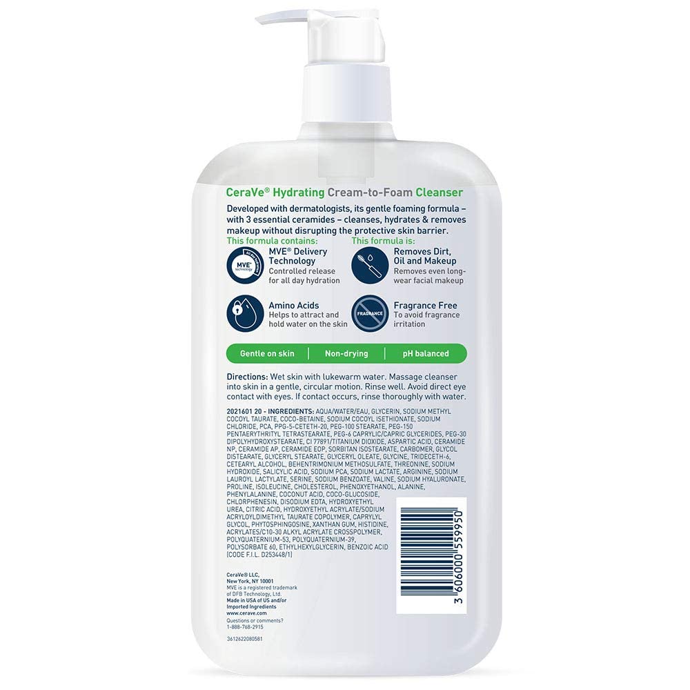 CeraVe Hydrating Foaming Cleanser - Makeup Remover for Dry Skin | 19 Fl Oz, Fragrance-Free, Non-Comedogenic