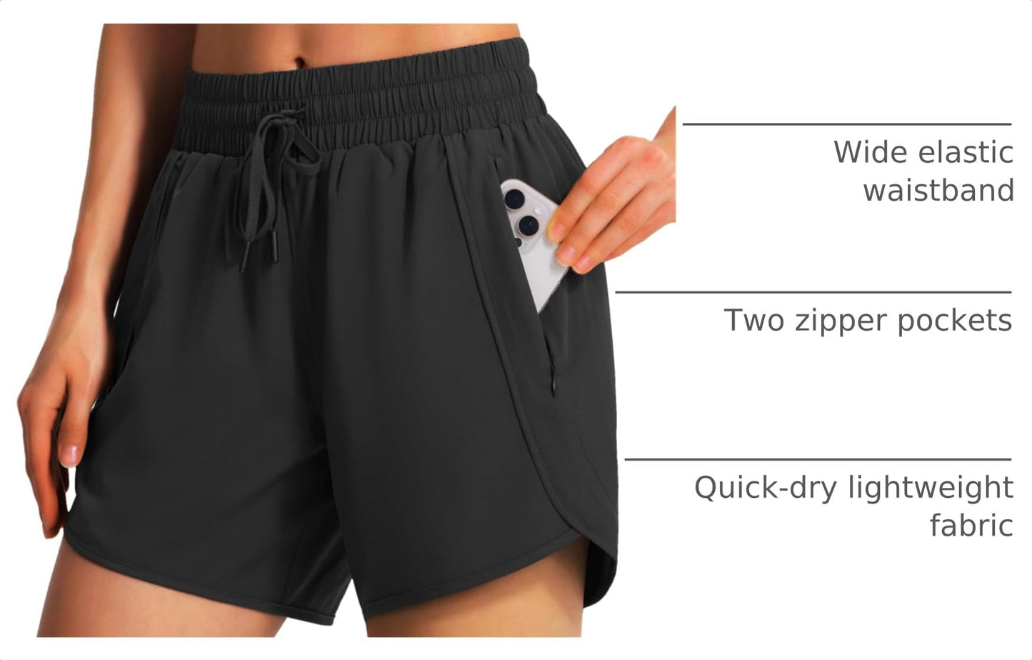 Ksmien Women's 5"/ 7" Athletic Running Shorts Quick Dry Lightweight Workout Gym Shorts with Zipper Pockets UPF 50+ Black L